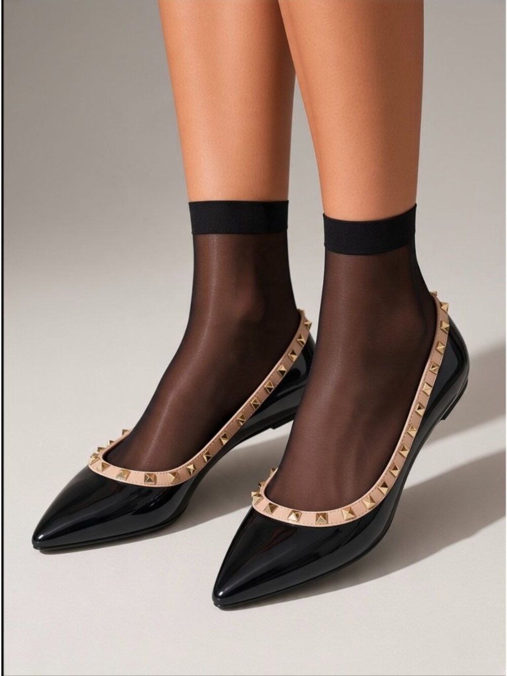Black Patent Pointed Toe Ballet Flats with Gold Studded Trim